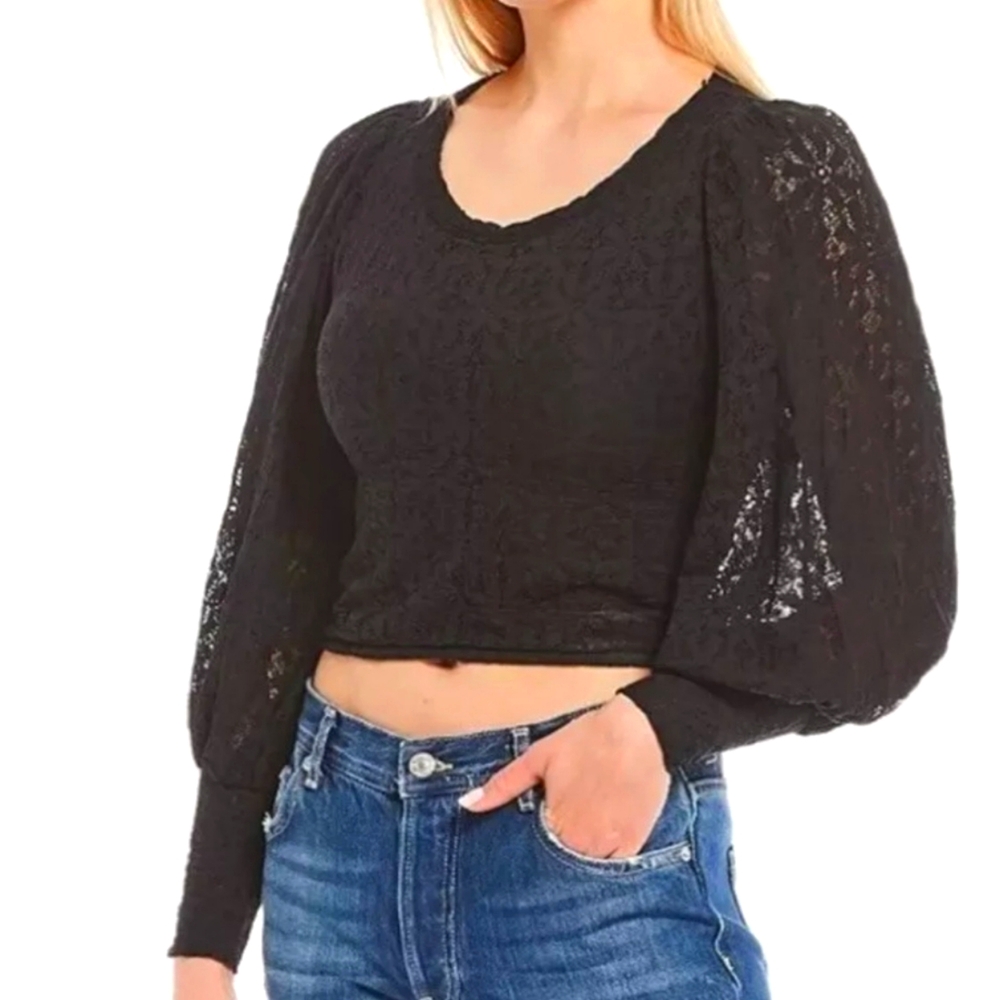 Free People "Tea Time" Puff Sleeve  Black Lace Crop Top, Size M, EUC